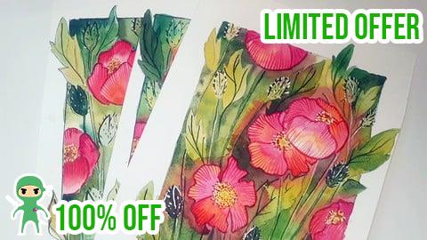Free Coupon Watercolor poppies. From sketch to finished work.